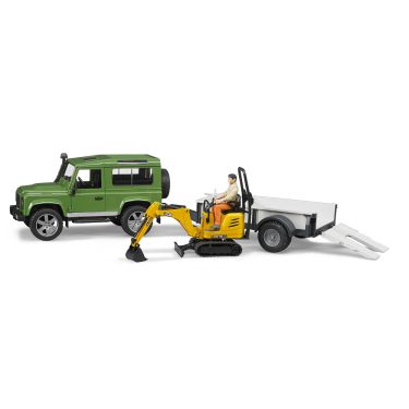 Bruder 02593 Land Rover Defender avec remorque, JCB micro-pelleteuse et figurine