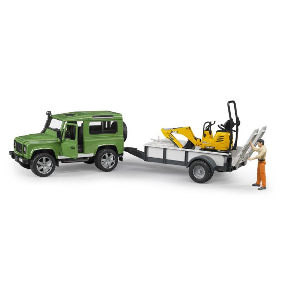 Bruder 02593 Land Rover Defender avec remorque, JCB micro-pelleteuse et figurine