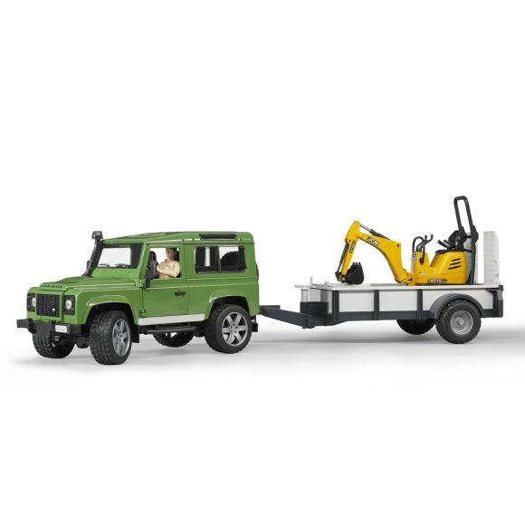 Bruder 02593 Land Rover Defender avec remorque, JCB micro-pelleteuse et figurine